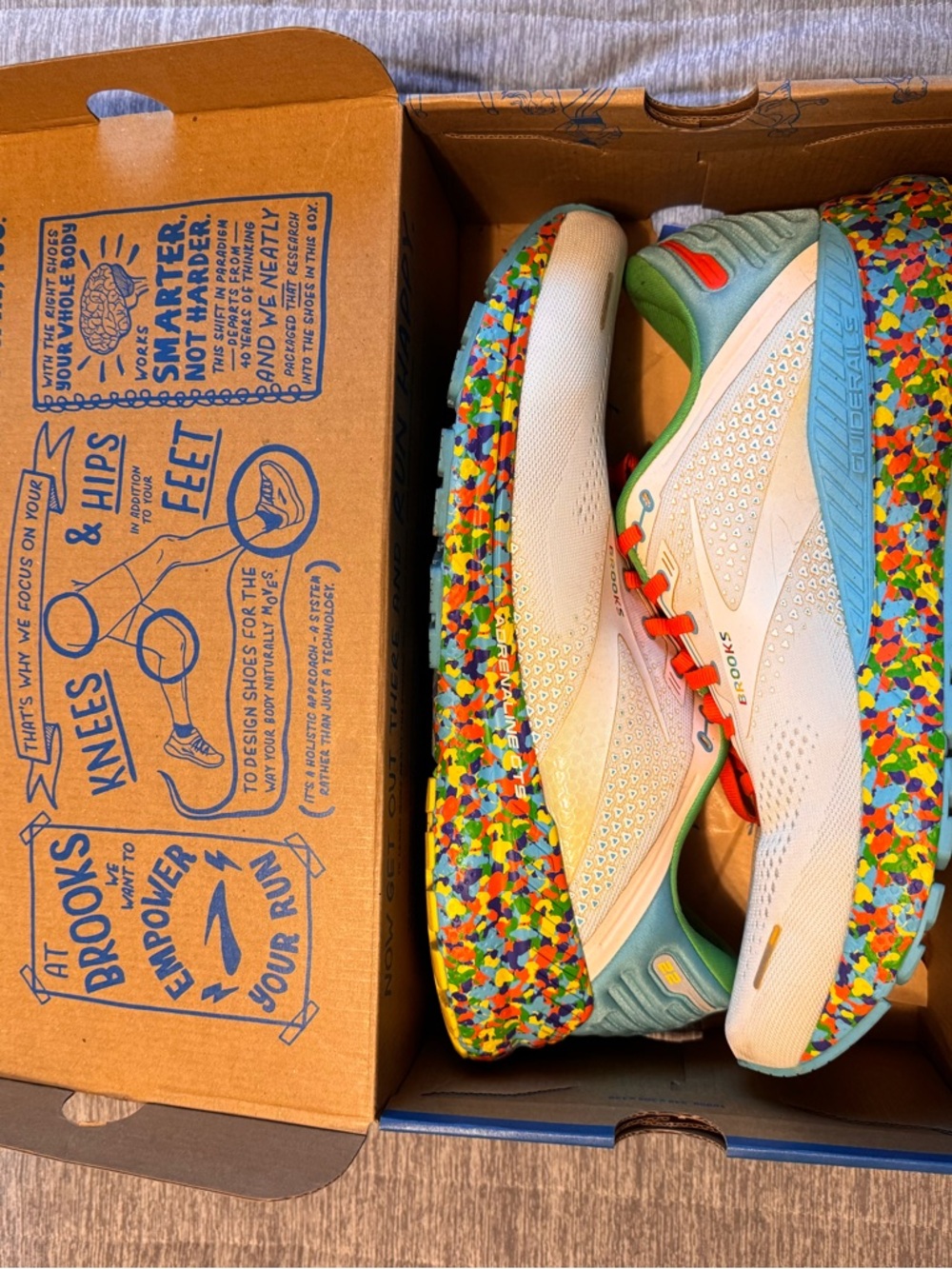 Brooks White Running Shoes with Multicolor Speckled Midsole and Teal Accents